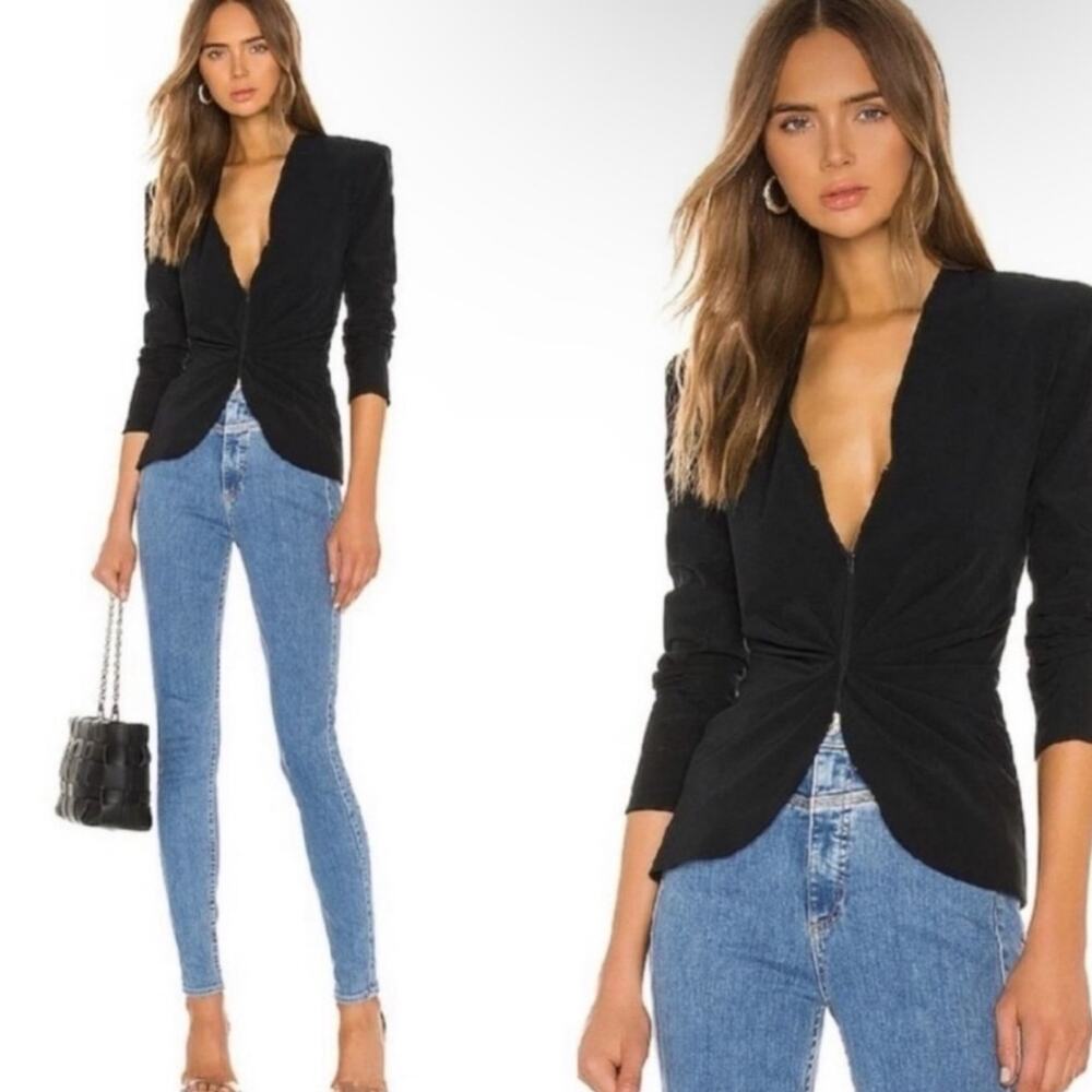 Smythe Black Ruched Zip Front Blazer Style Padded Shoulder Blouse Top 8